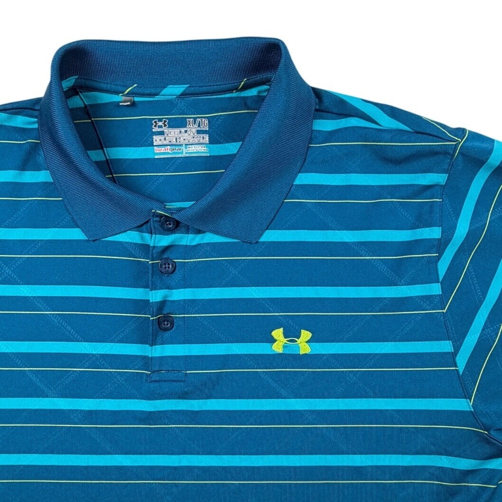 Under Armour HeatGear Mens XL Polo Shirt Teal Blue Striped Short Sleeve Golf Top
